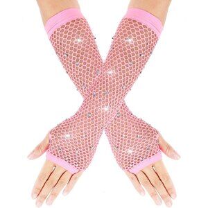 Women's Pink Punk Fish Net Long Arm Sleeve Rhinestone Gloves Costume Halloween